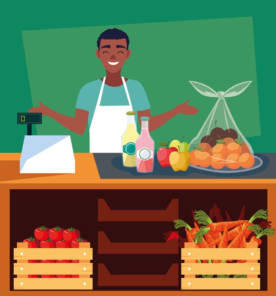 salesman with showcase store with fresh food vector