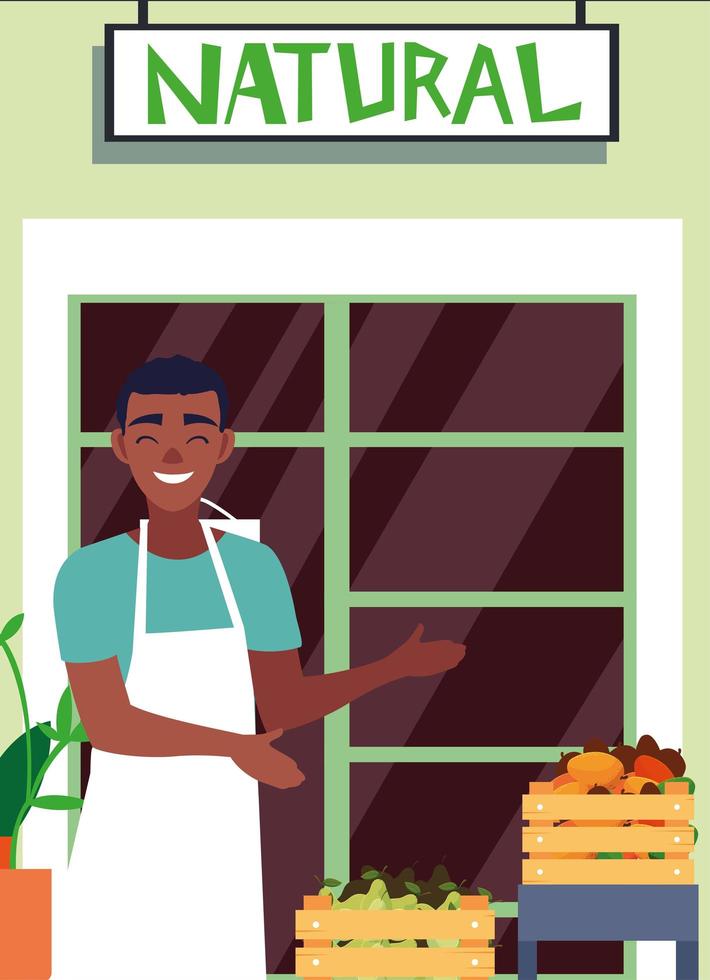 salesman with fresh fruits natural store facade vector