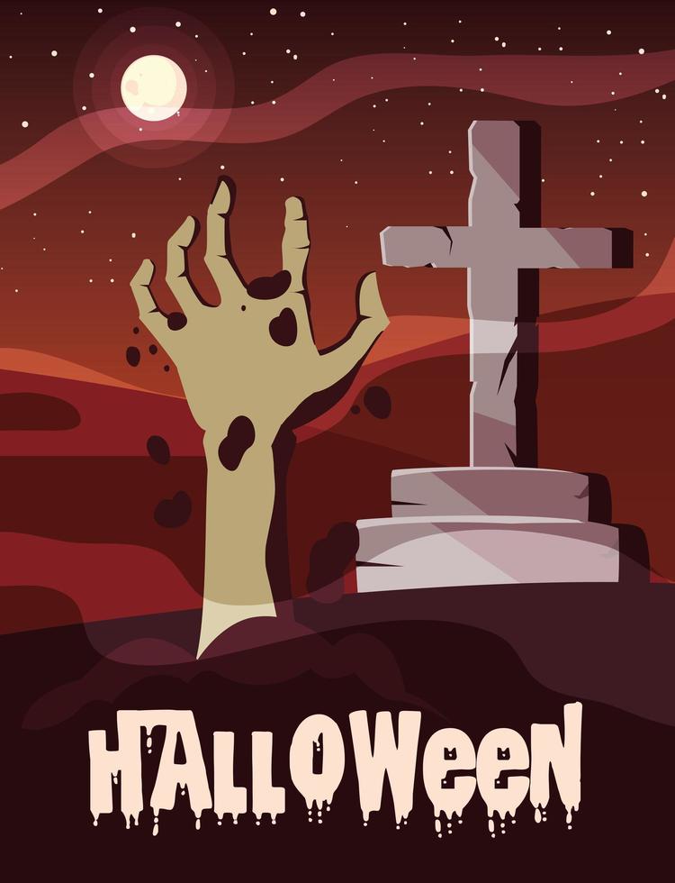 poster of halloween with zombie hand and cross stone vector