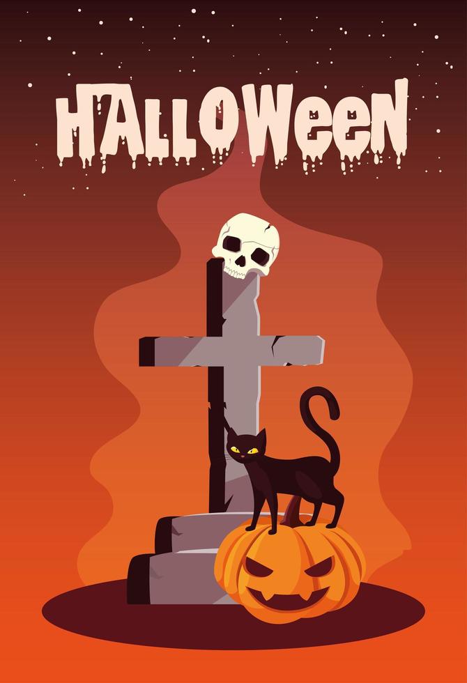 cartel de halloween con gato e iconos vector