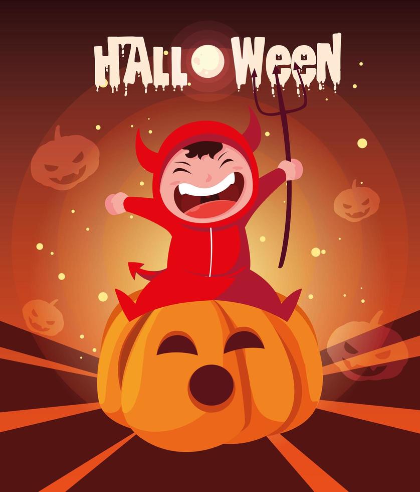 poster of halloween with boy disguised of devil in pumpkin vector