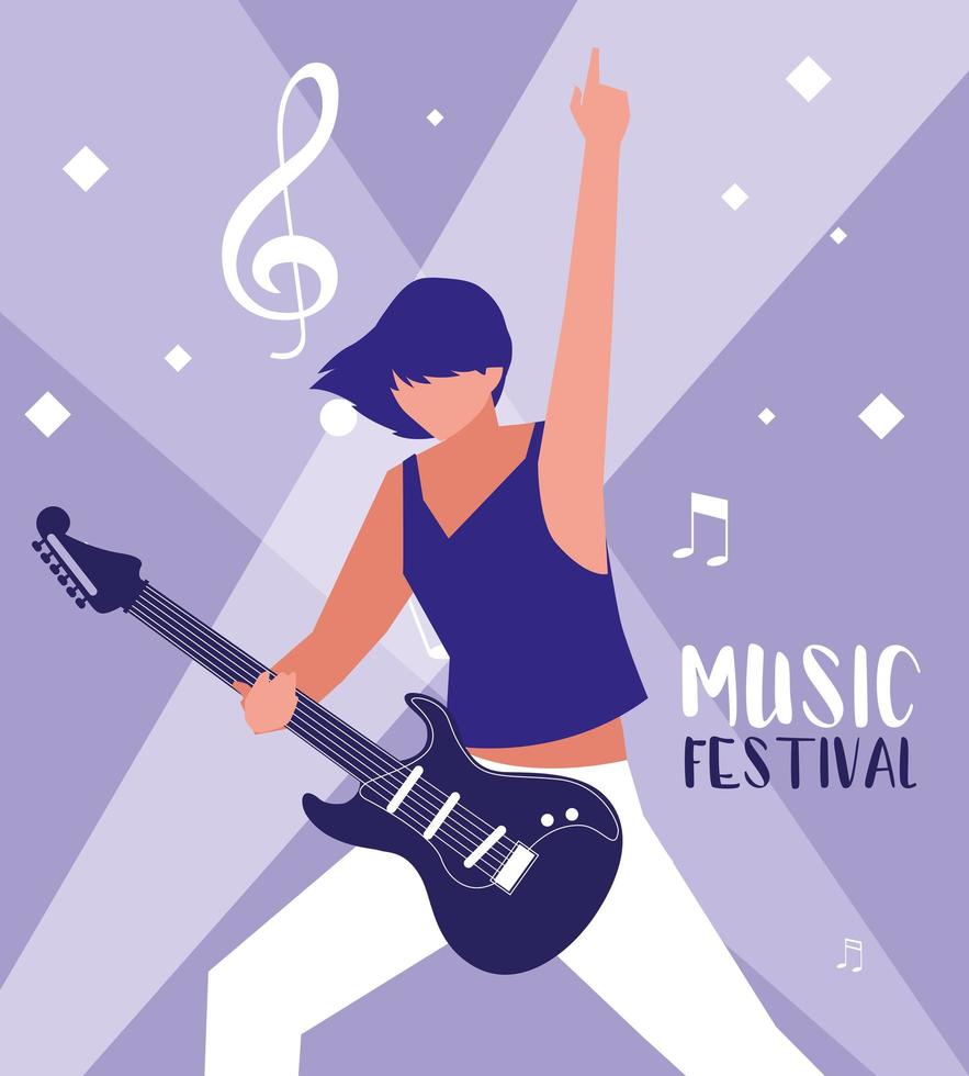 cartel del festival de música con mujer tocando la guitarra eléctrica vector