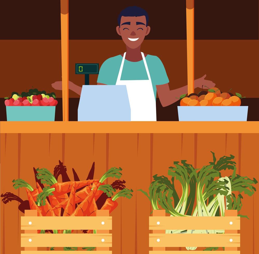 salesman with stall kiosk of store vegetables vector