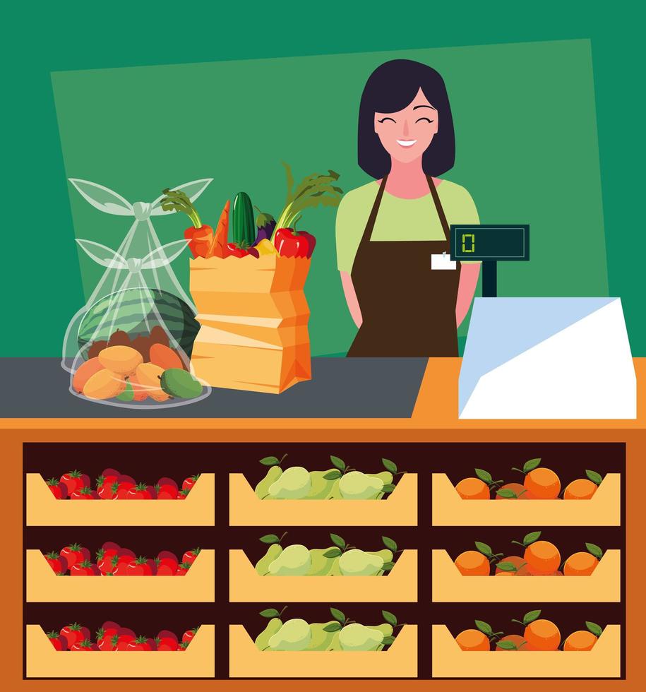 saleswoman with showcase store with fresh food vector