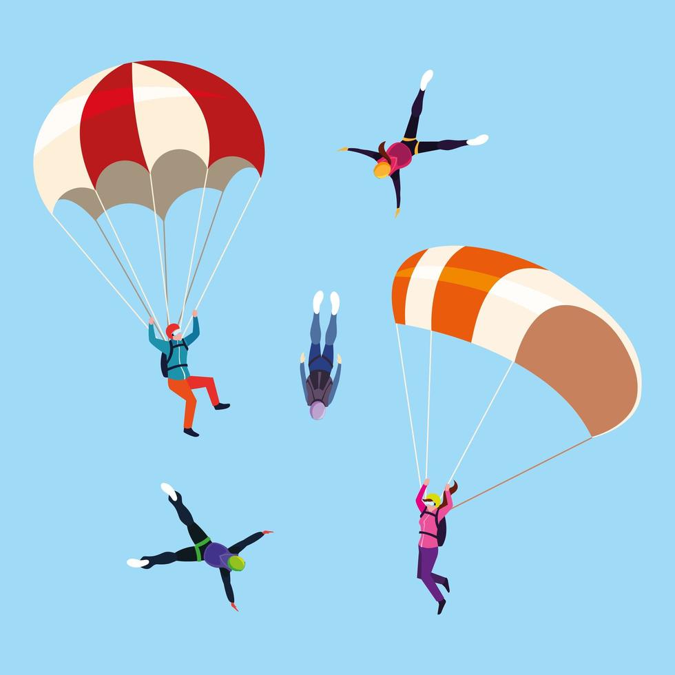 group people skydivers in air vector