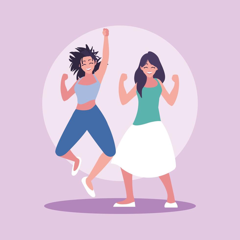 group of young women happy celebrating with hands up vector