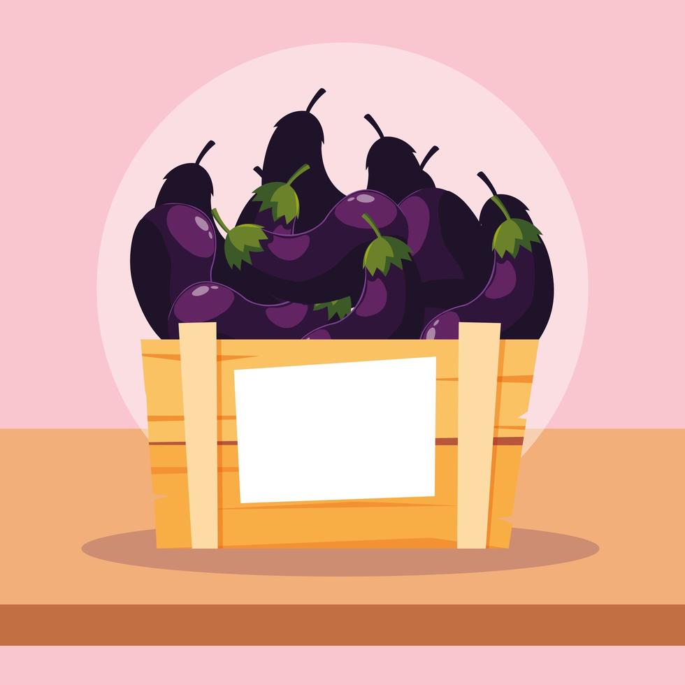 fresh eggplants vegetables in wooden crate vector