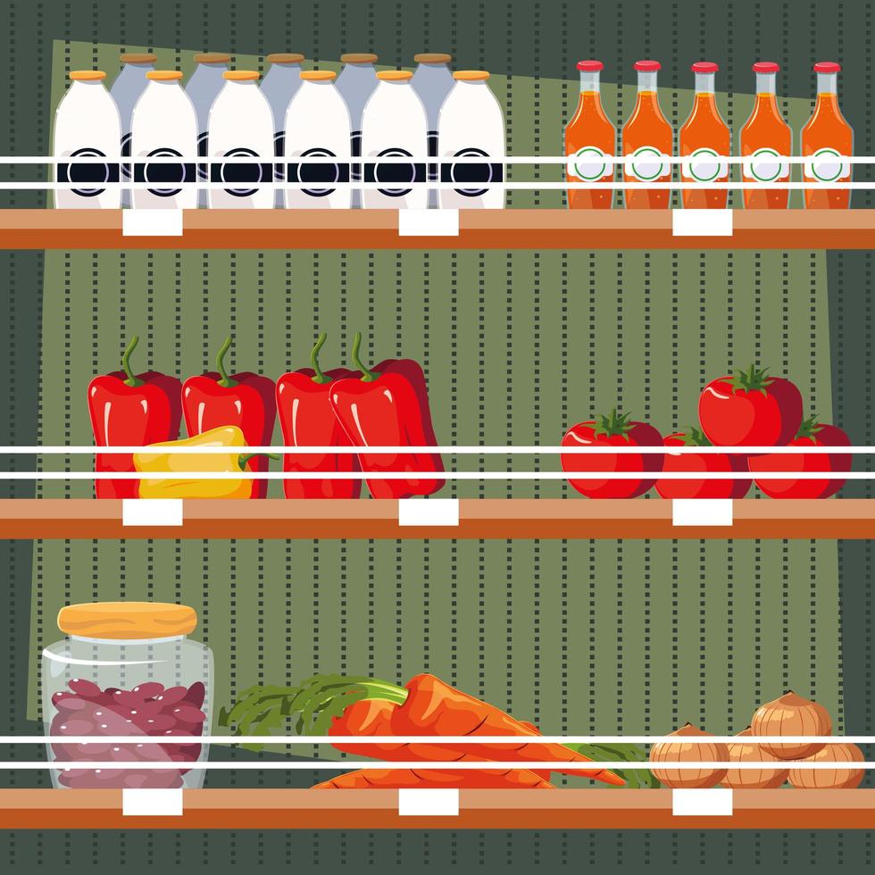 store wooden shelving with vegetables and bottled juices vector