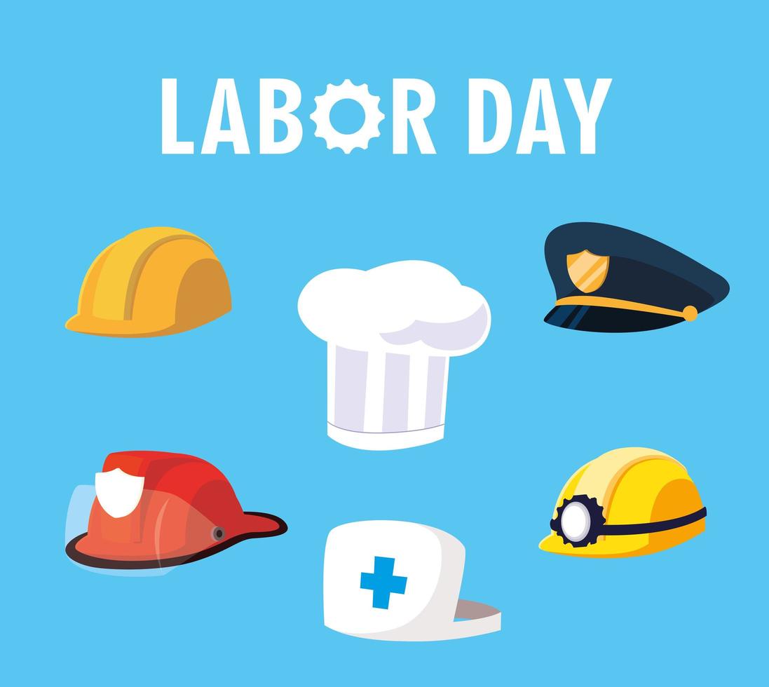 labor day card with helmets and hats of professionals vector