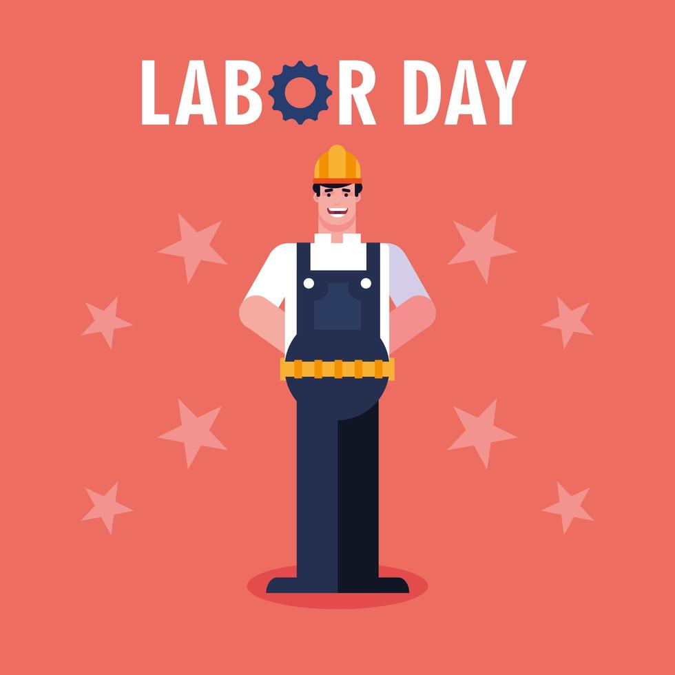 labor day label with man worker construction vector