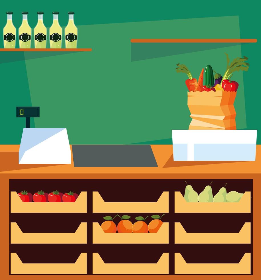 showcase store with fresh food and cash register machine vector