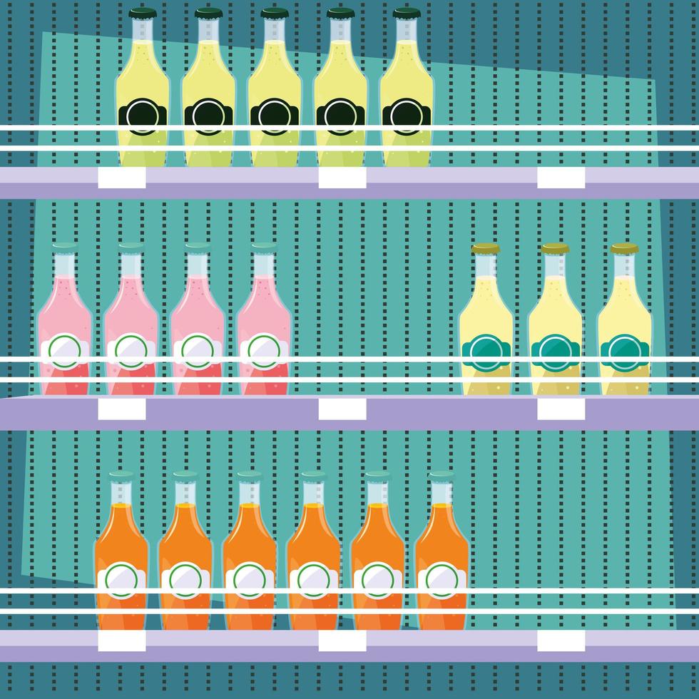 almacenar estanterías de madera con jugos embotellados vector