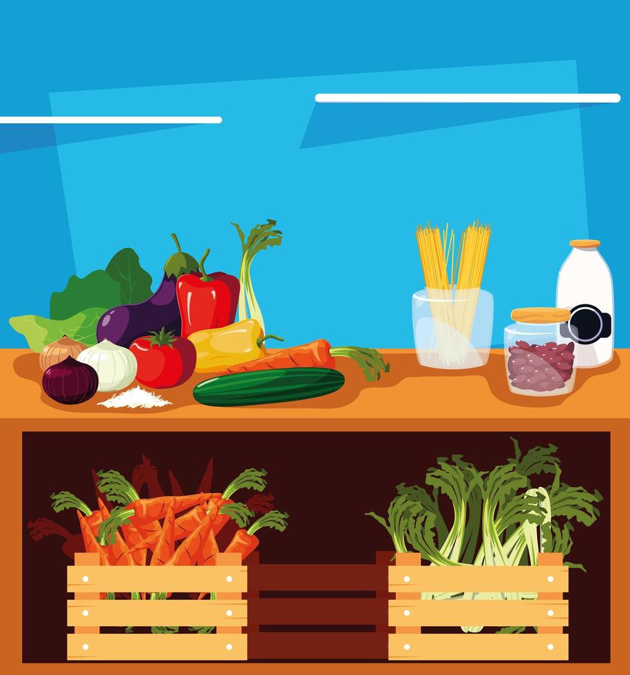 showcase wooden store with vegetables and fruits vector
