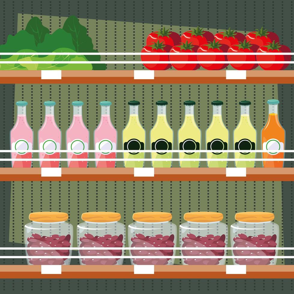 store wooden shelving with juices bottled and fresh foods vector