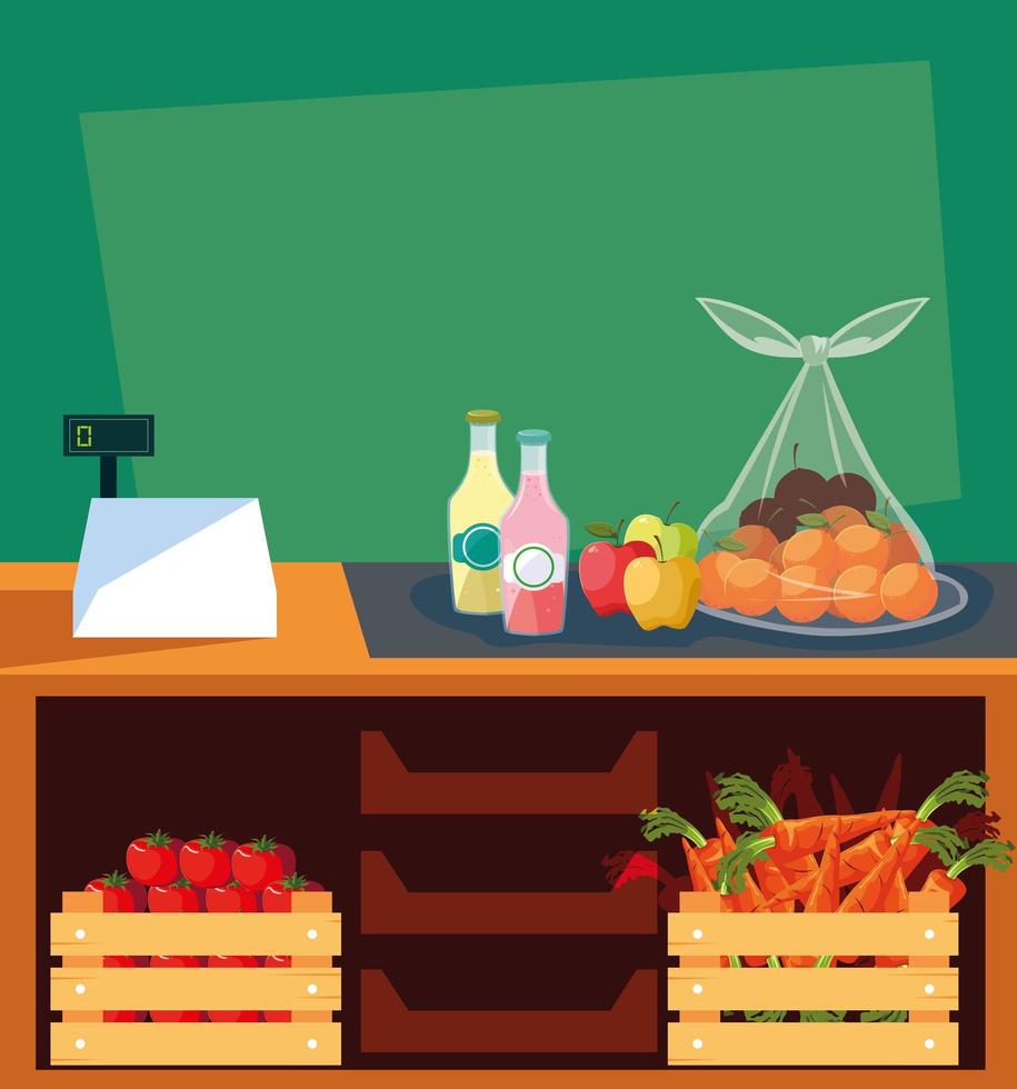showcase store with fresh food and cash register machine vector