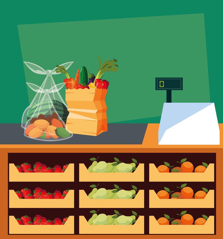 showcase store with fresh food and cash register machine vector