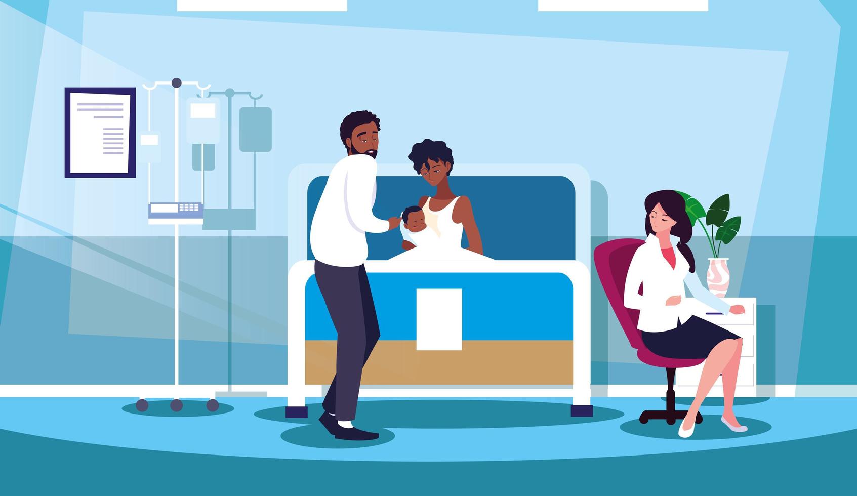 parents with newborn in stretcher hospitalization room vector