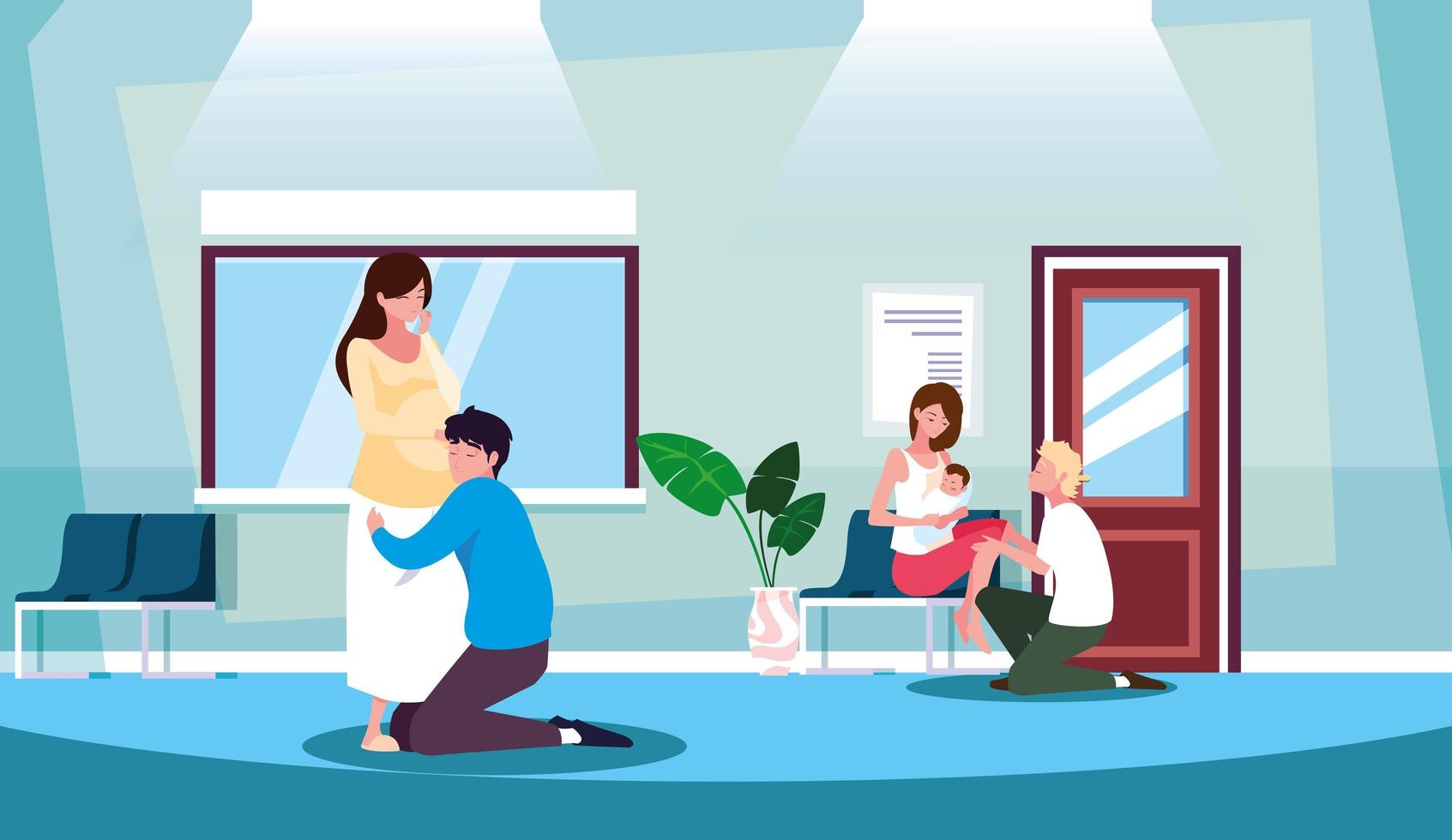 cute couple pregnancy in waiting room vector