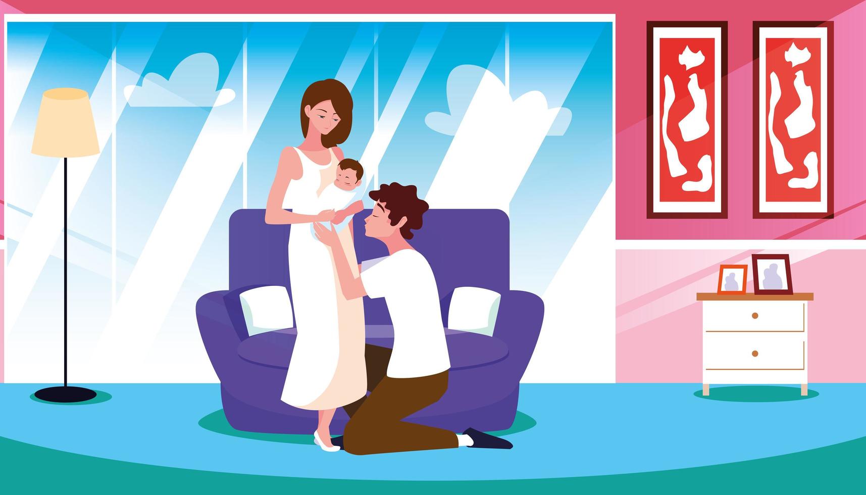 parents with newborn inside home vector