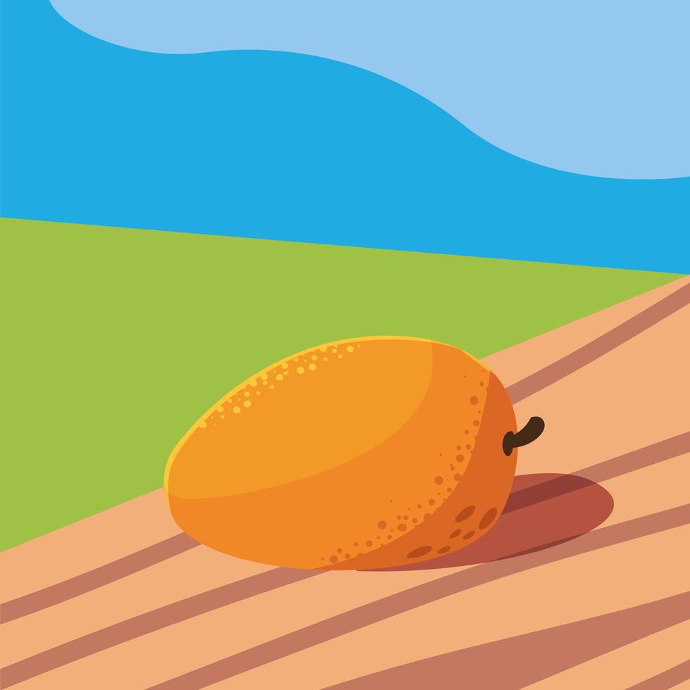 fruta de mango fresco en mesa de madera y paisaje vector