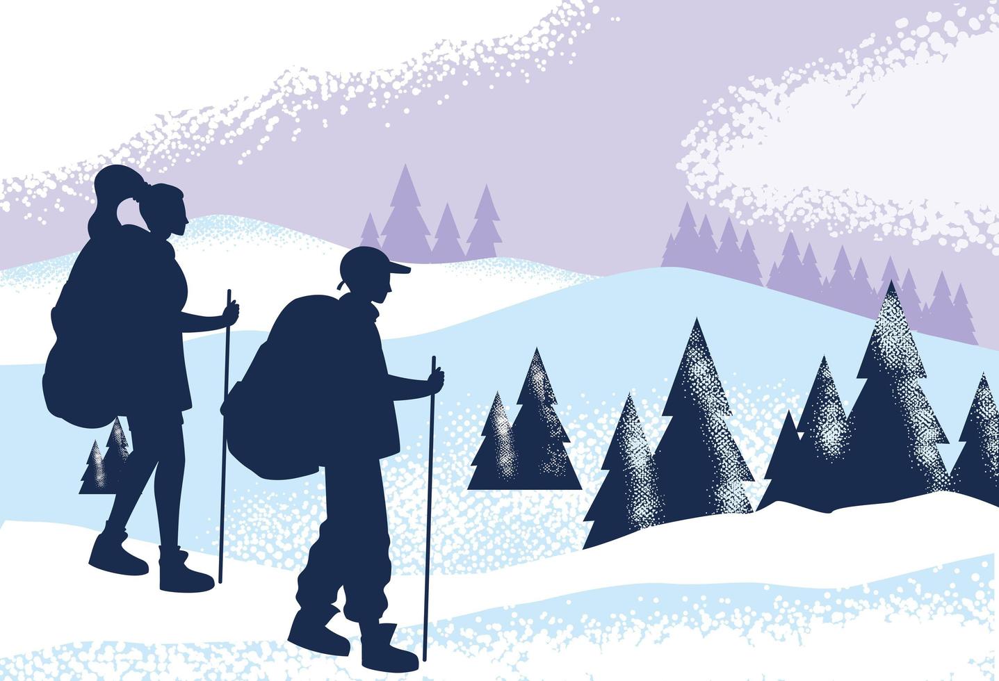 couple traveler in snowscape nature scene vector