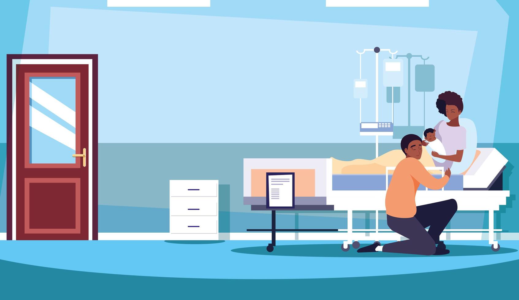 parents with newborn in stretcher hospitalization room vector