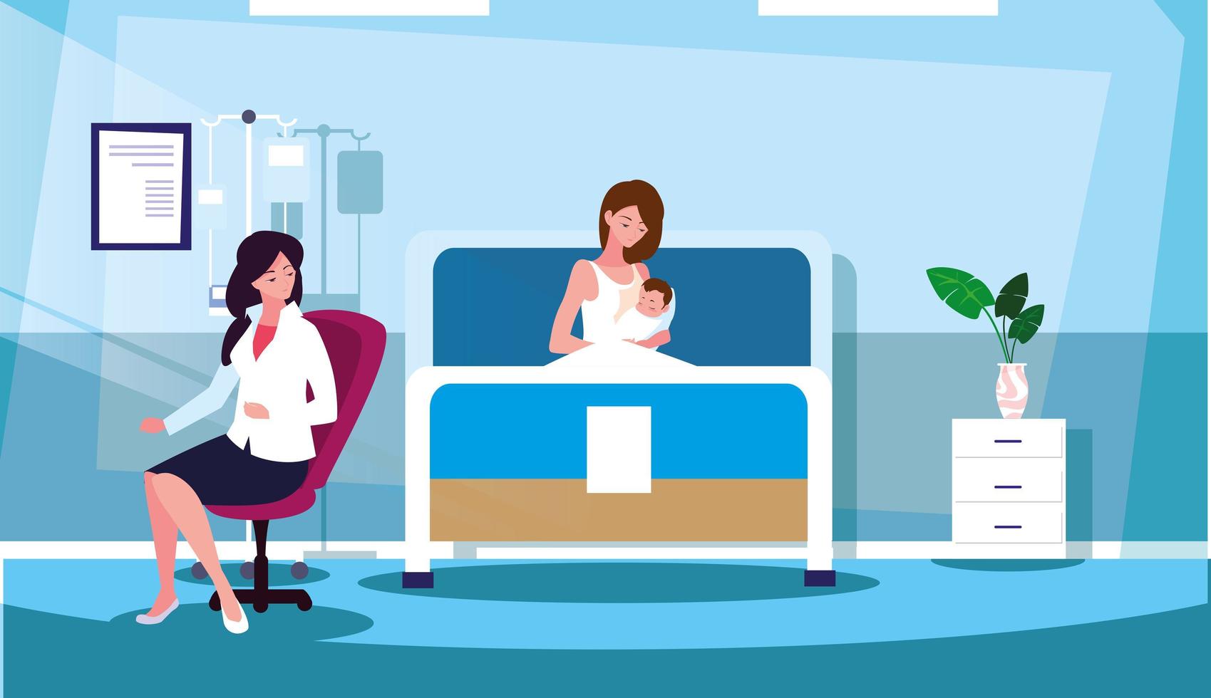 mother with newborn in stretcher hospitalization room vector