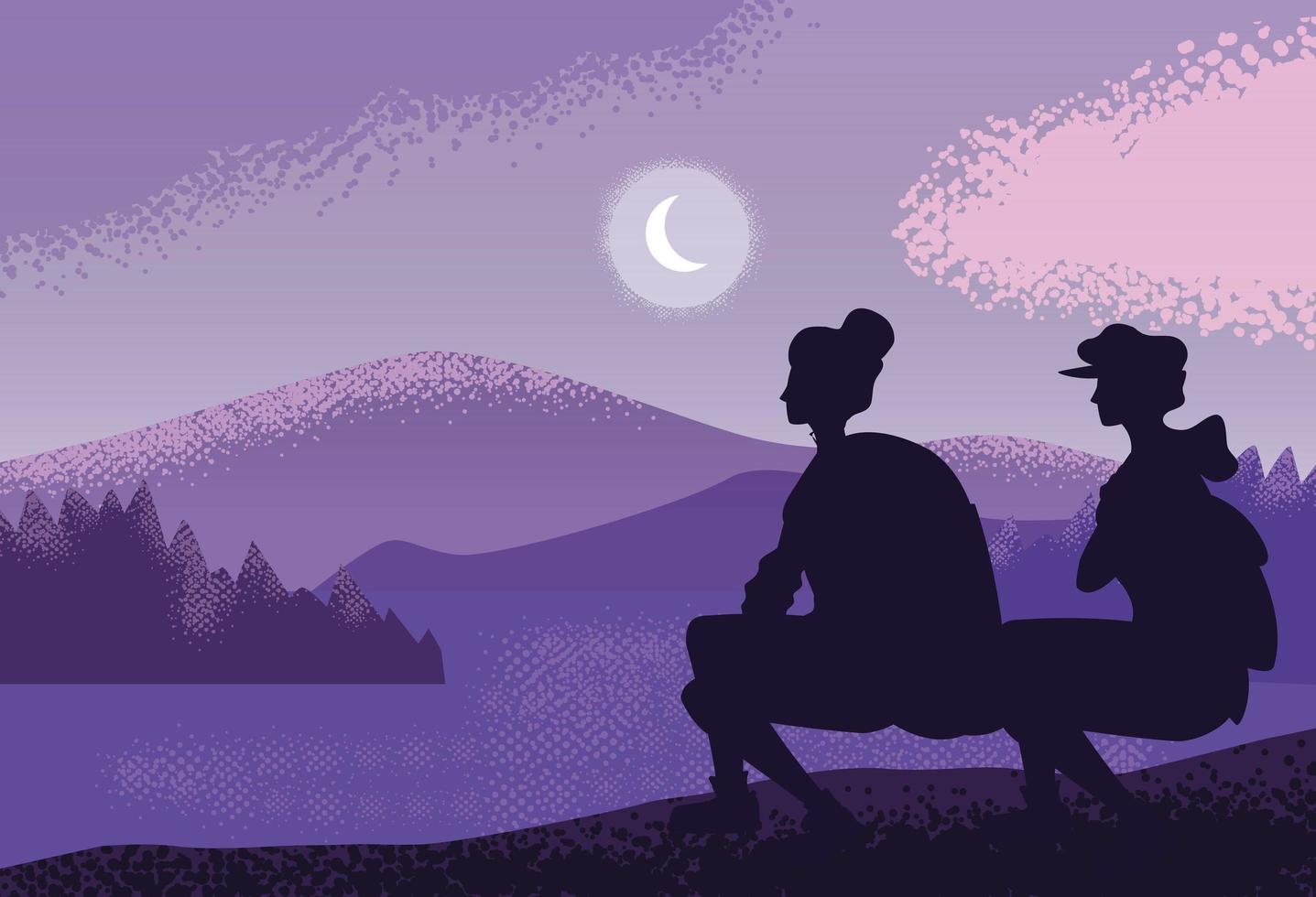 couple traveler in landscape nature purple vector