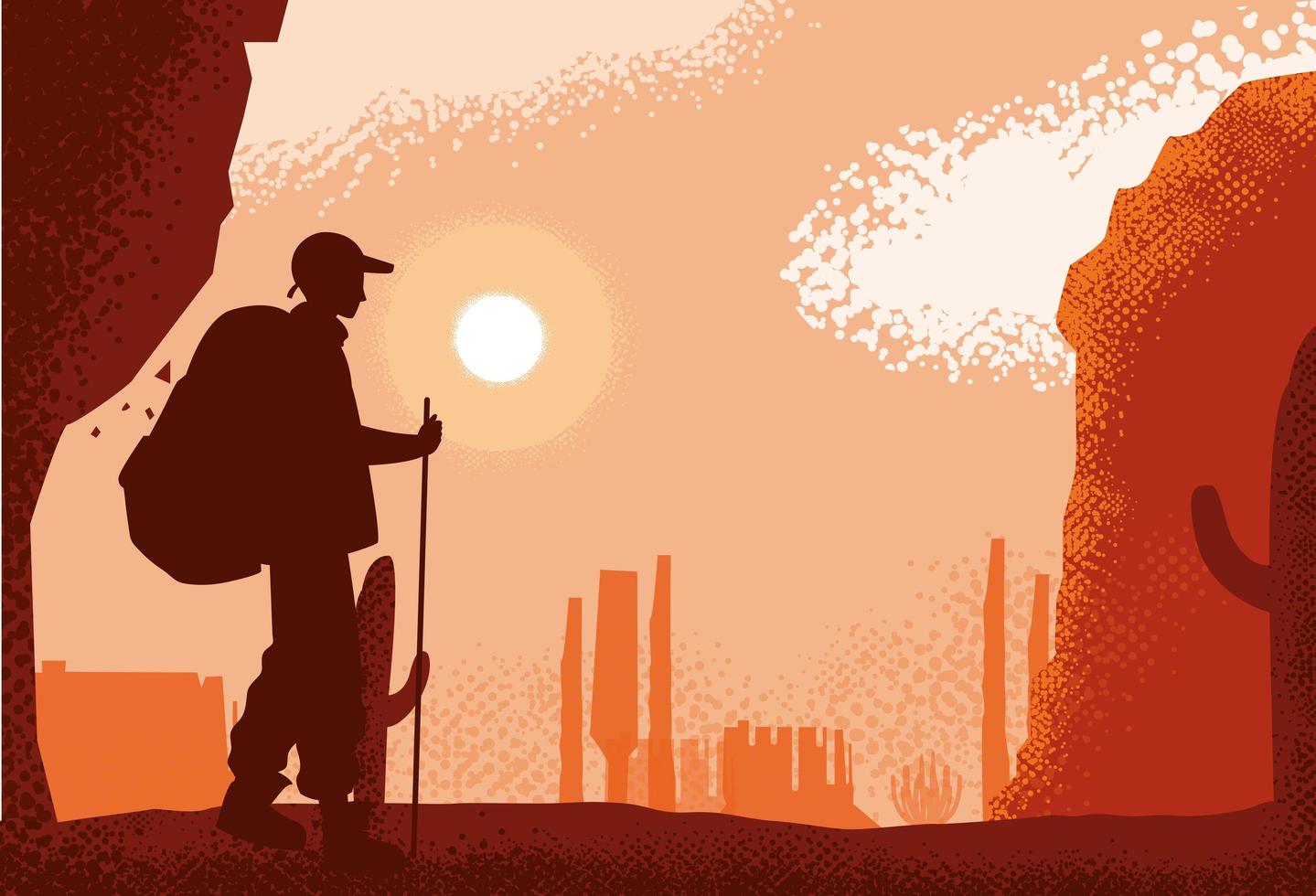 man traveler in desert landscape scene vector