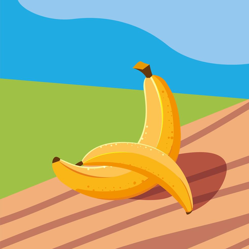 fruta fresca de plátano en mesa de madera y paisaje vector