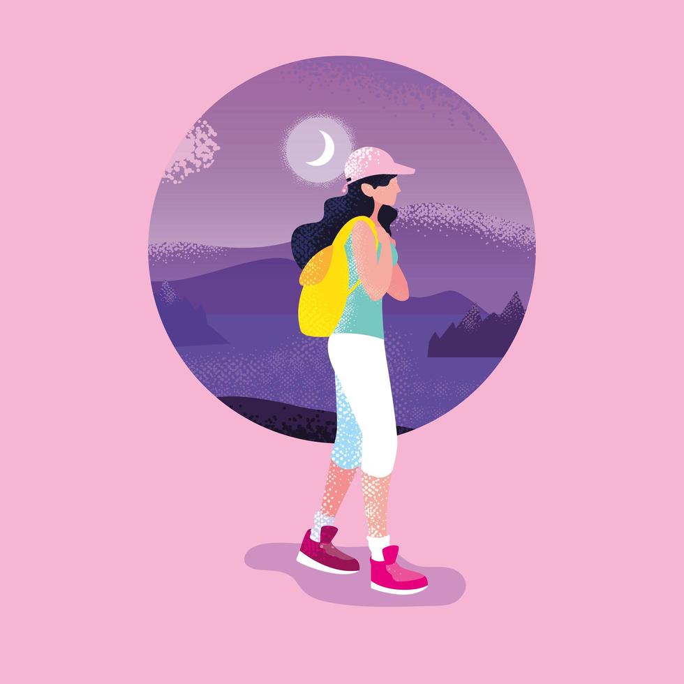 woman traveler in landscape nature purple scene vector