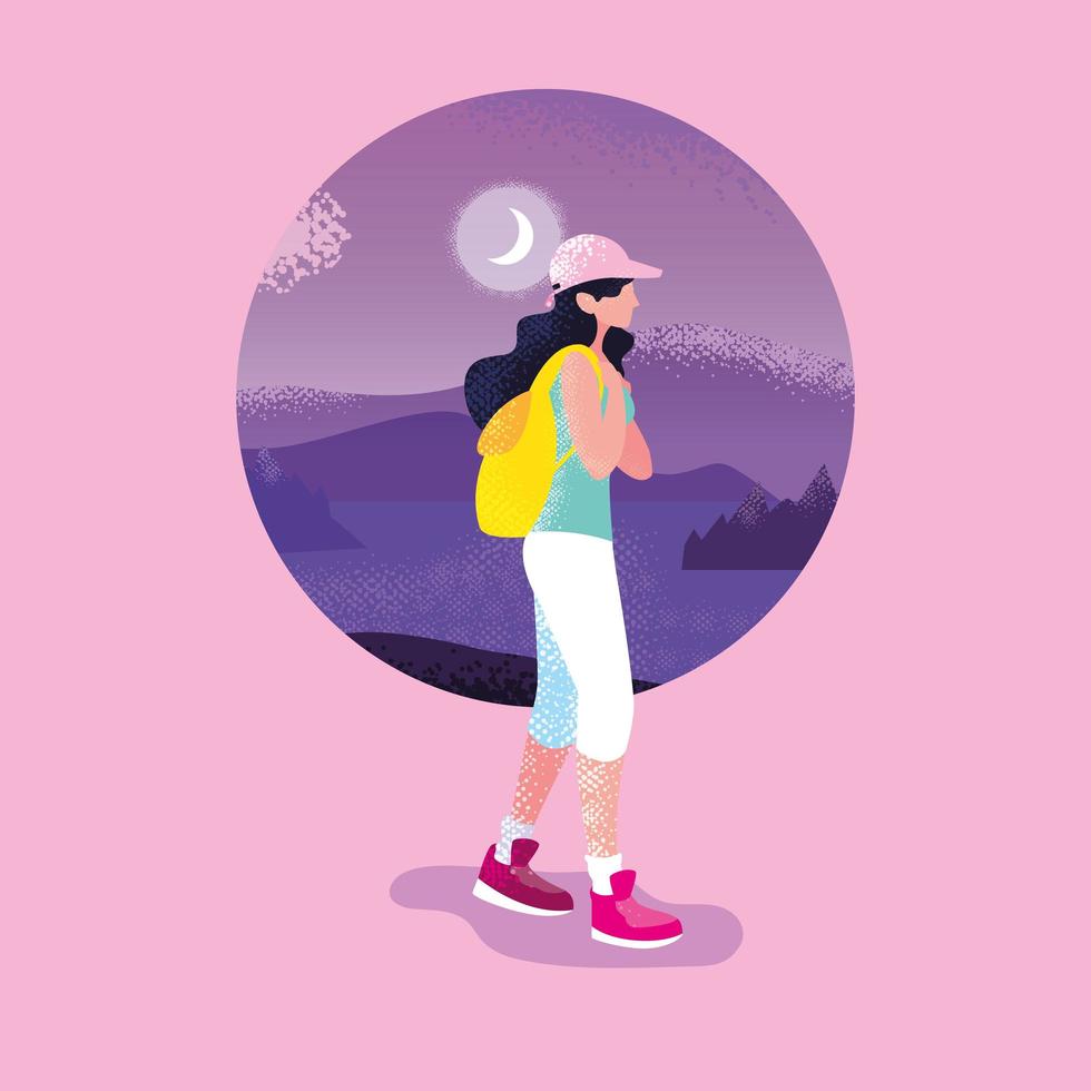 mujer viajera en paisaje naturaleza escena púrpura vector