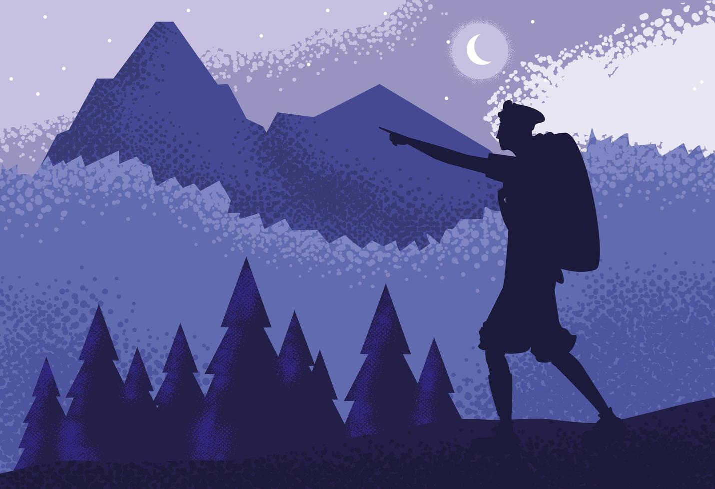 hombre viajero en paisaje naturaleza morado vector