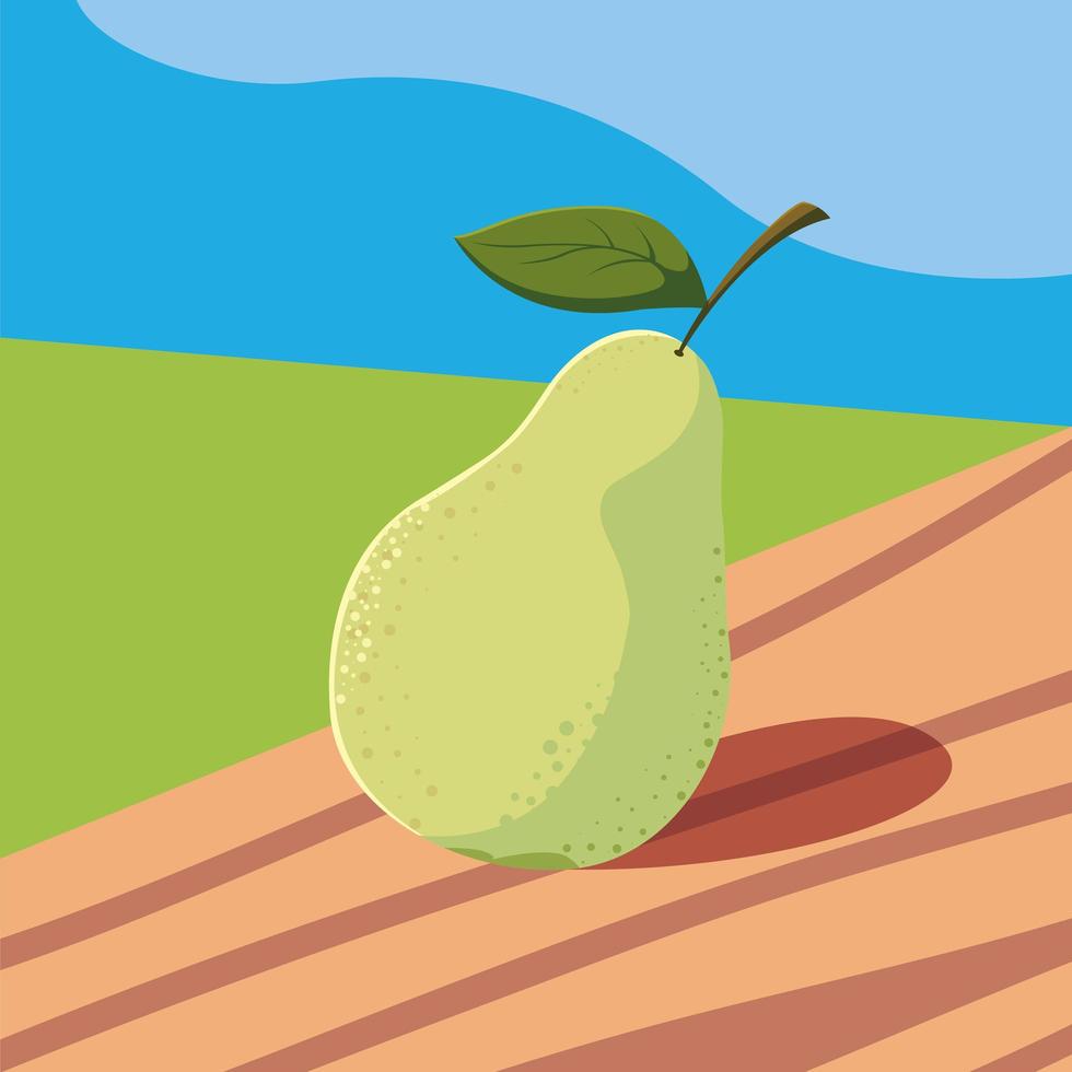 Fruta de pera fresca en mesa de madera y paisaje. vector