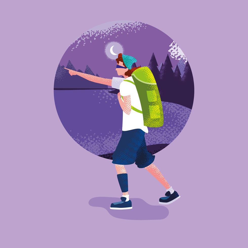 hombre viajero en paisaje naturaleza morado vector