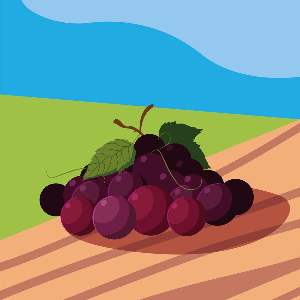 uvas frescas frutas en mesa de madera y paisaje vector