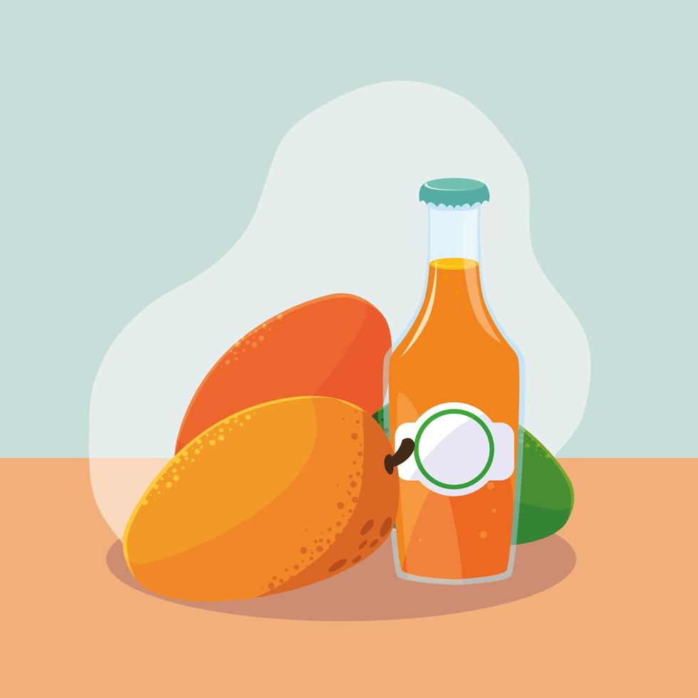 fresh mangoes with bottle of juice natural vector