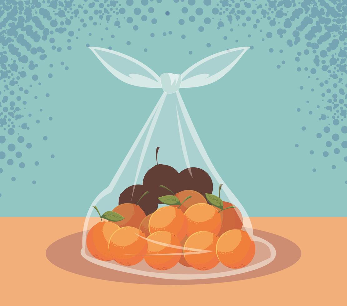 fresh oranges fruits in bag plastic vector