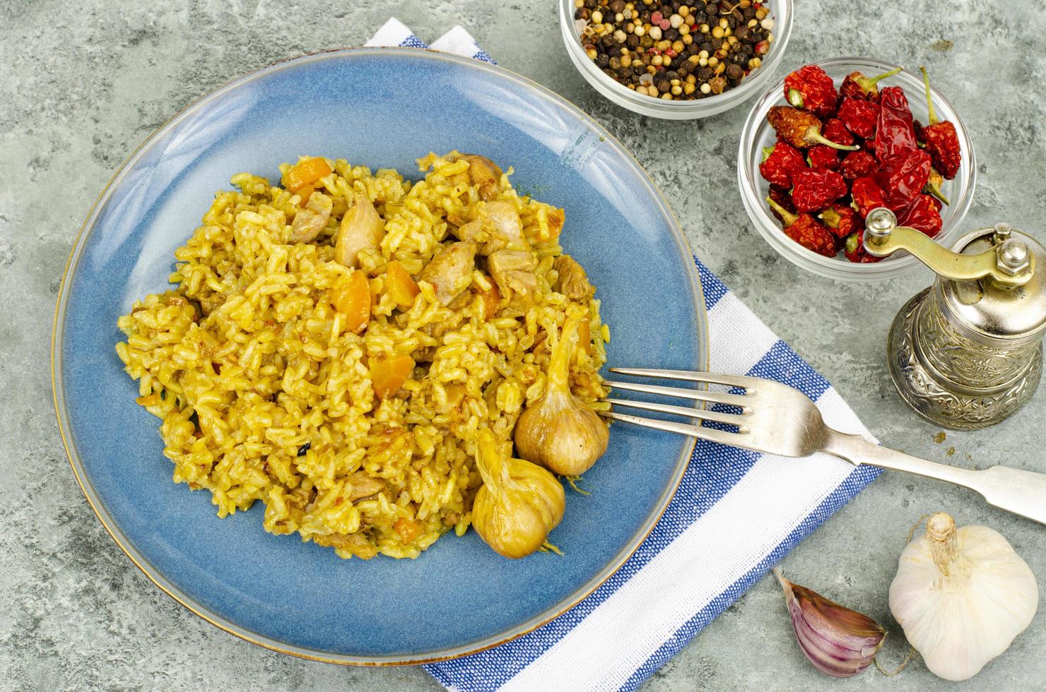 Pilaf with chicken fillet. Diet menu. Studio Photo. photo