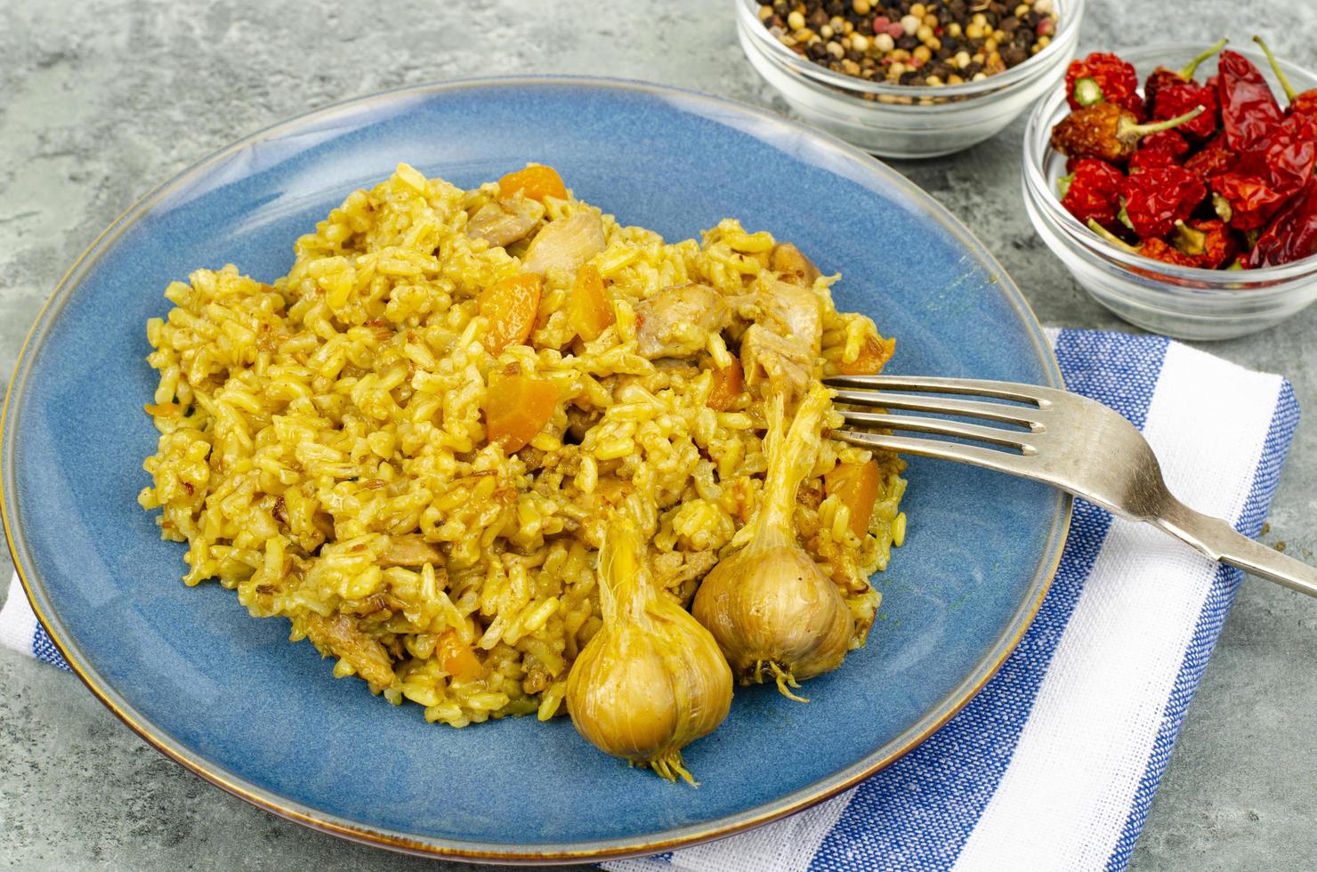 Pilaf with chicken fillet. Diet menu. Studio Photo. photo
