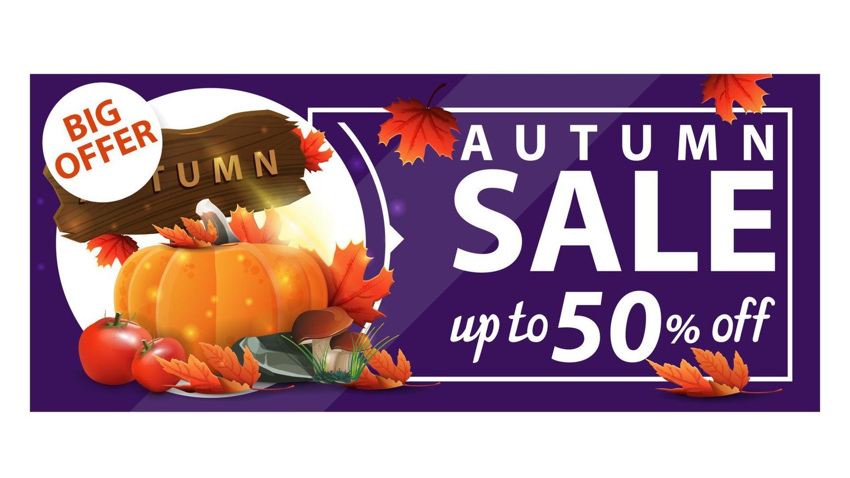 Autumn sale, up to 50 off, purple discount web banner with harvest of vegetables and a wooden sign vector