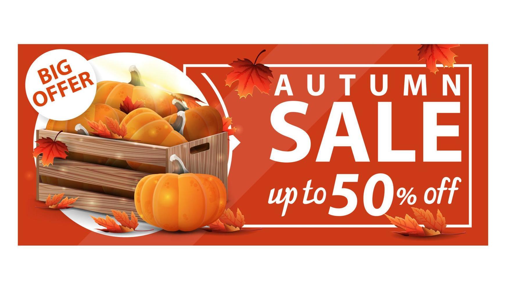 venta de otoño, hasta 50 de descuento, banner web de descuento naranja con cajas de madera de calabazas maduras y aleros de otoño vector