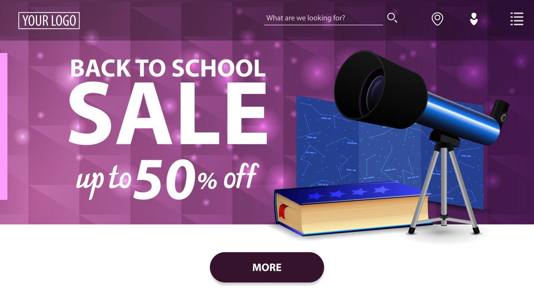Back to school sale, modern purple horizontal web banner with telescope, map of the constellations and the encyclopedia of astronomy vector