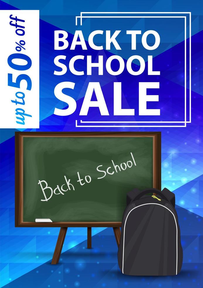 Back to school sale, blue vertical web banner with school Board and school backpack vector