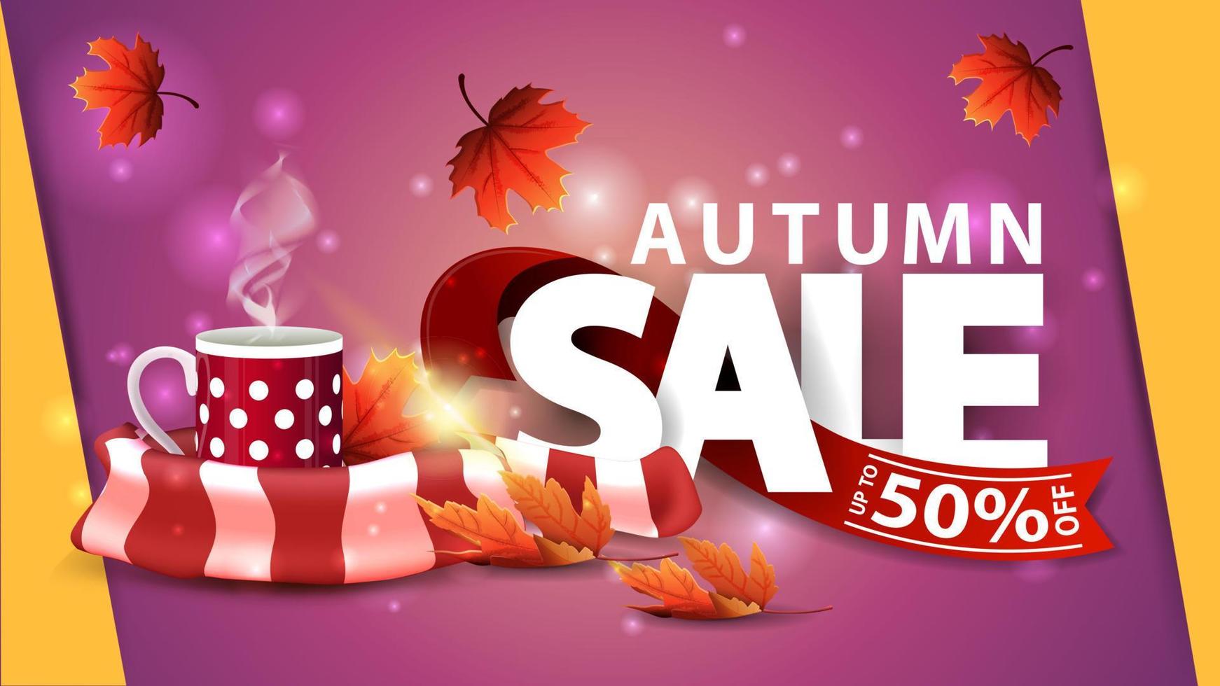 Autumn sale, pink web banner with mug of hot tea and warm scarf vector