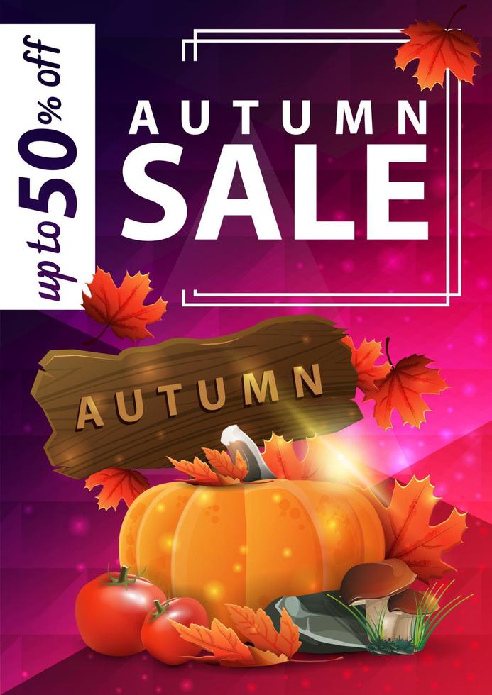 Autumn sale, pink vertical web banner with harvest of vegetables and a wooden sign vector