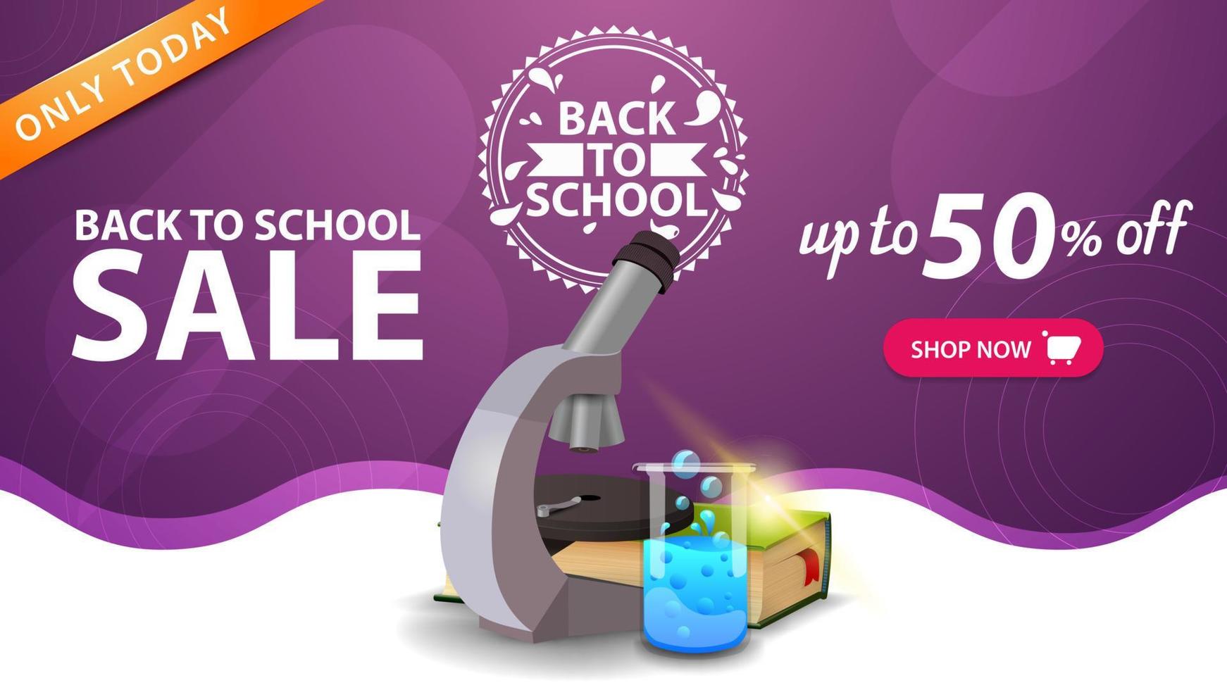 venta de regreso a la escuela, plantilla de banner web púrpura con botón, microscopio, libros y matraz químico vector