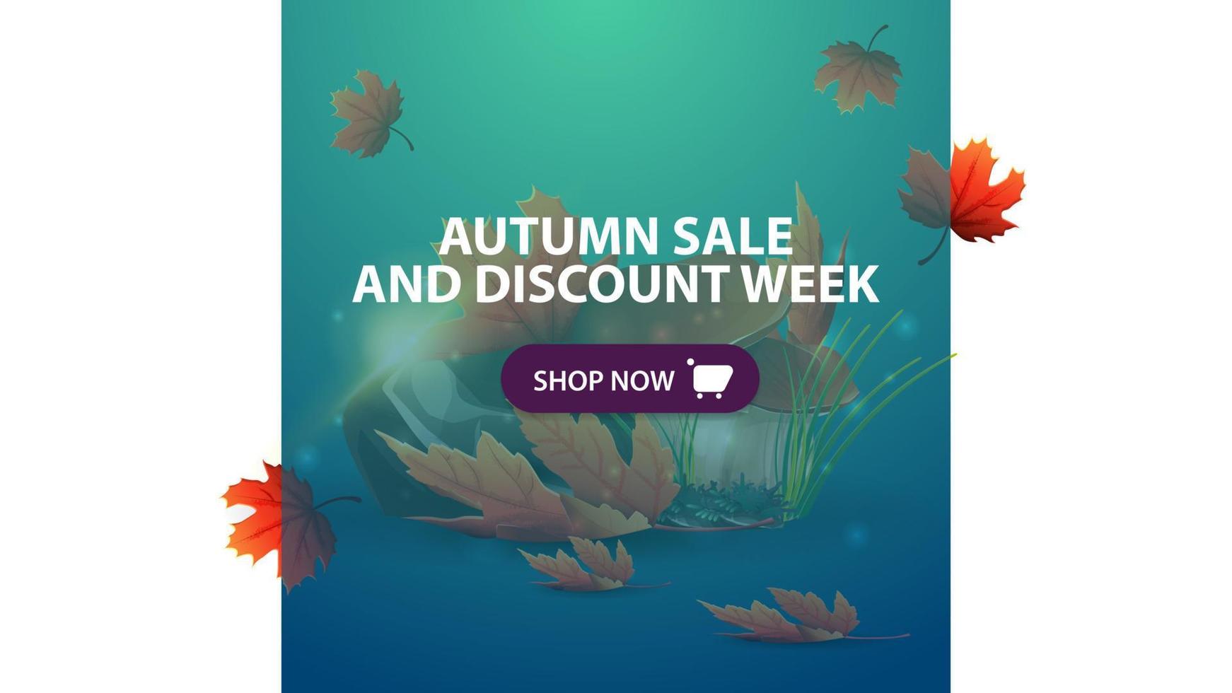 Venta de otoño y semana de descuento, banner web de descuento azul horizontal con setas y hojas de otoño vector