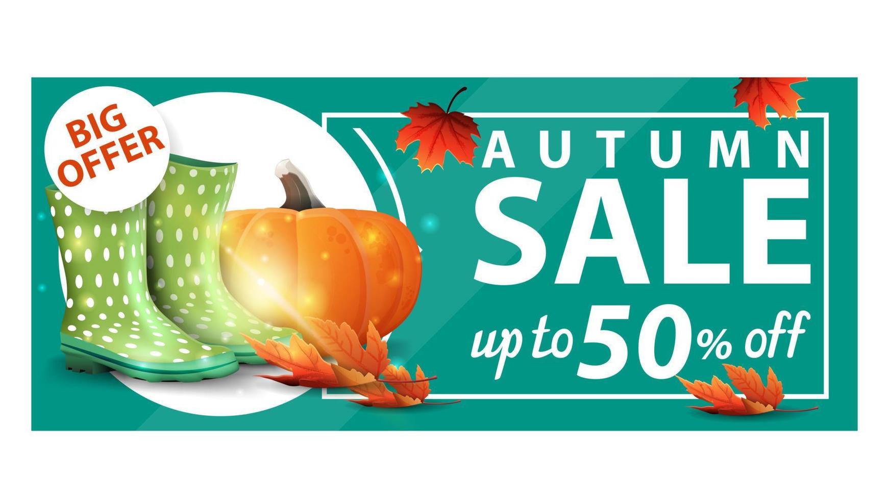 Autumn sale, up to 50 off, green discount web banner with rubber boots and pumpkin vector