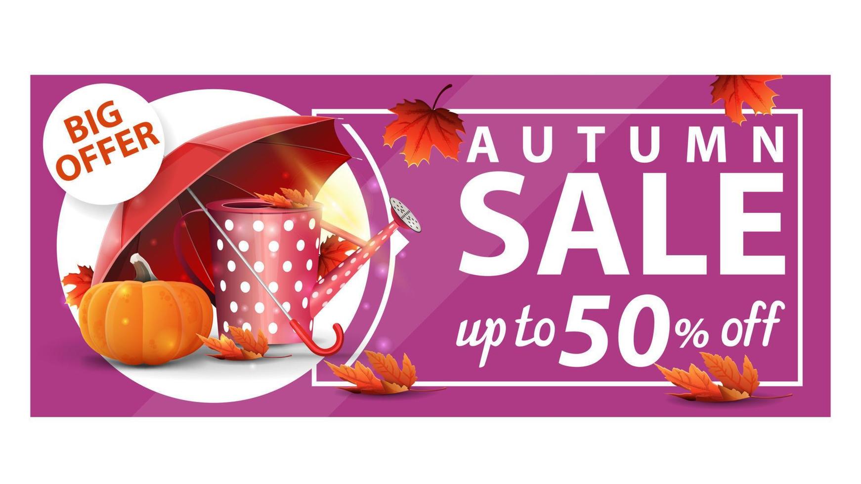 Autumn sale, up to 50 off, pink discount web banner with garden watering can, umbrella and ripe pumpkin vector